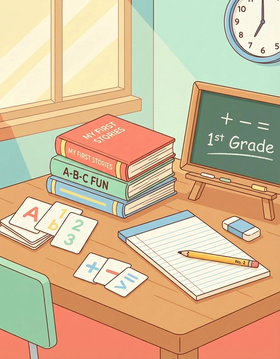 A 1st Grade study desk illustration for LibForKids featuring stacked books titled "My First Stories" and "A-B-C Fun", a chalkboard showing math signs, and educational flashcards with numbers and letters.