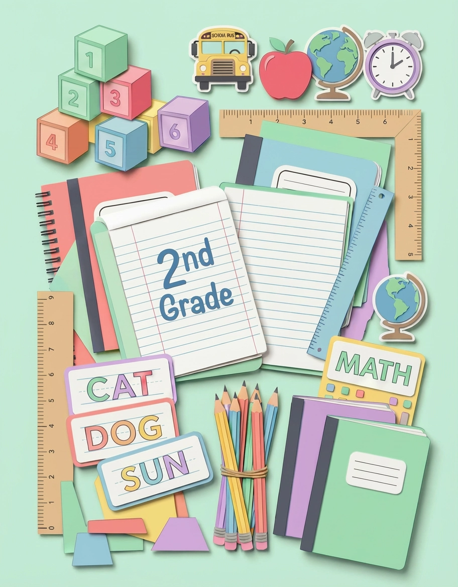 A 2nd Grade educational flat lay for LibForKids featuring notebooks labeled "2nd Grade", a MATH calculator, spelling cards for CAT, DOG, and SUN, pencils, rulers, and a world globe icon.