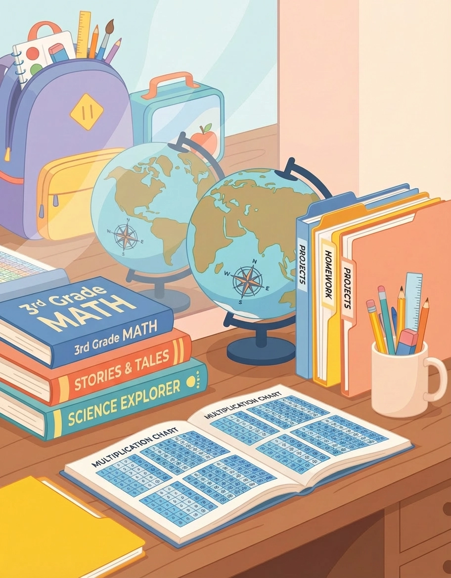 A 3rd Grade student desk illustration for LibForKids featuring globes, a multiplication chart, folders for homework and projects, and a stack of books including "3rd Grade MATH", "Stories & Tales", and "Science Explorer".