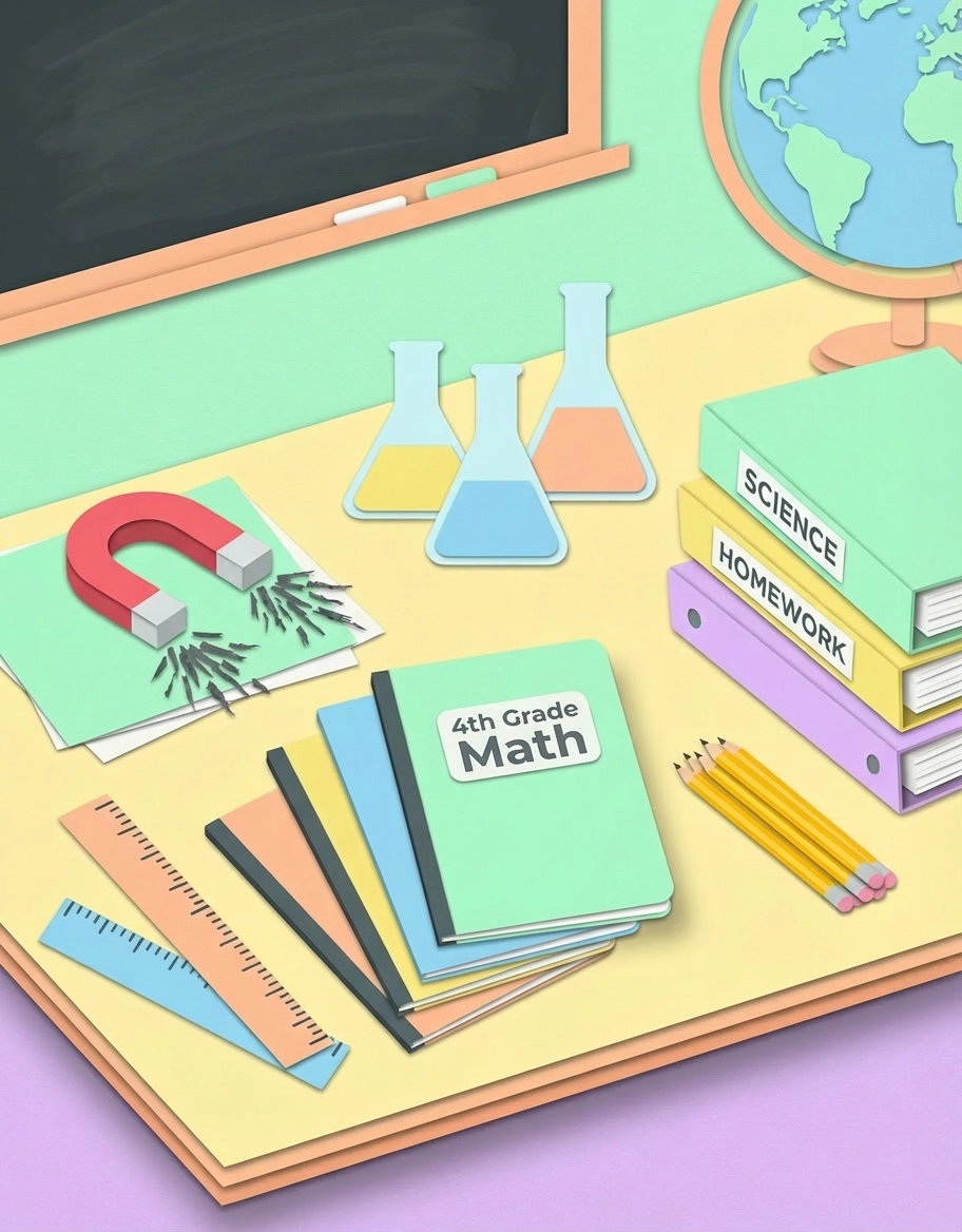 A 4th Grade educational illustration for LibForKids featuring a science lab theme with beakers, a magnet with iron filings, a "4th Grade Math" notebook, science folders, and a world globe.