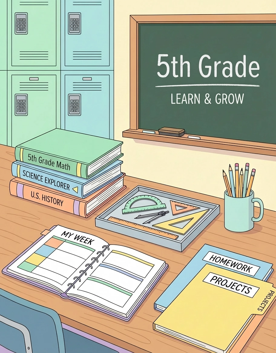A 5th Grade classroom desk for LibForKids featuring school lockers, a chalkboard with "Learn & Grow", a geometry set with a protractor and compass, and a stack of books including "5th Grade Math", "Science Explorer", and "U.S. History".