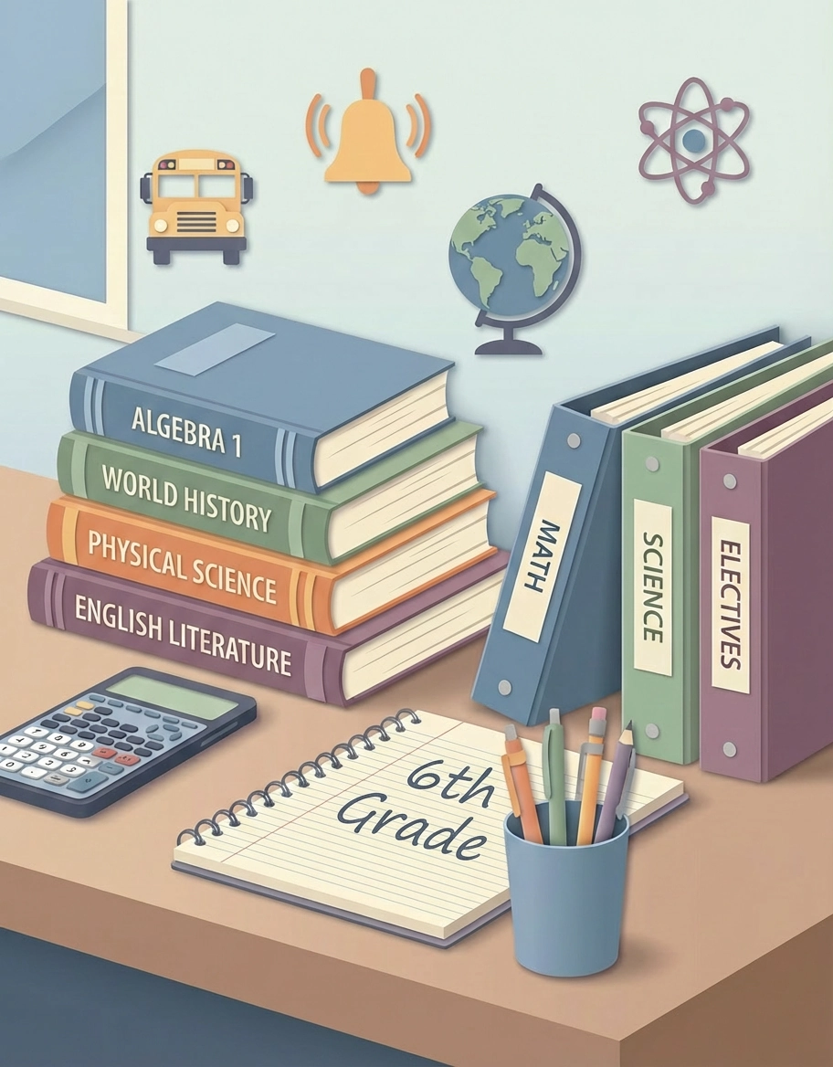 A 6th Grade academic setting for LibForKids featuring a stack of advanced textbooks: Algebra 1, World History, Physical Science, and English Literature, alongside a scientific calculator and organized subject binders.