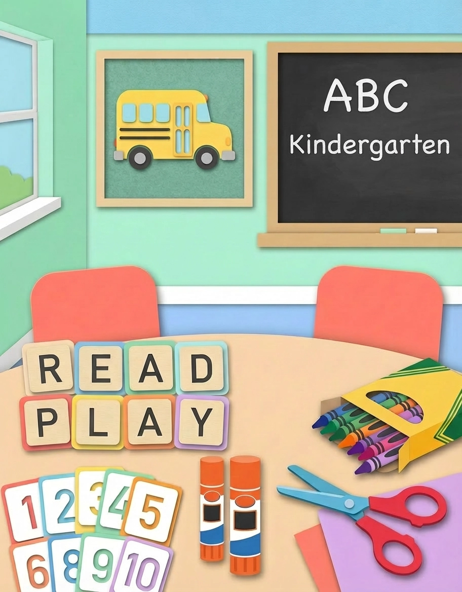 Kindergarten classroom setting for LibForKids with a "READ PLAY" letter board, numbered flashcards from 1 to 10, a box of crayons, and a chalkboard displaying "ABC Kindergarten".