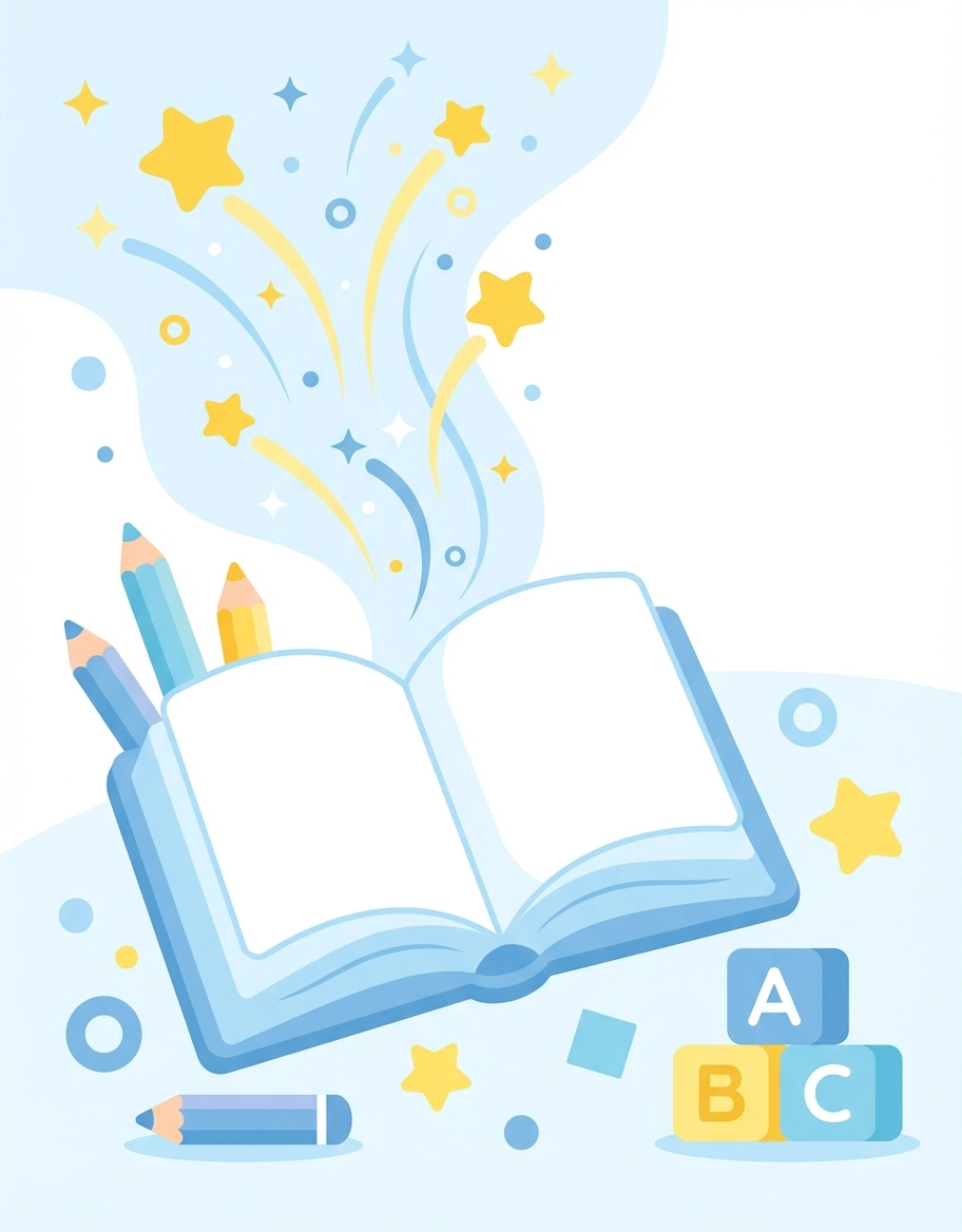 An enchanting illustration of an open book glowing with stars, colorful sparks, ABC blocks, and pencils, representing the joy of reading and discovery at LibForKids.