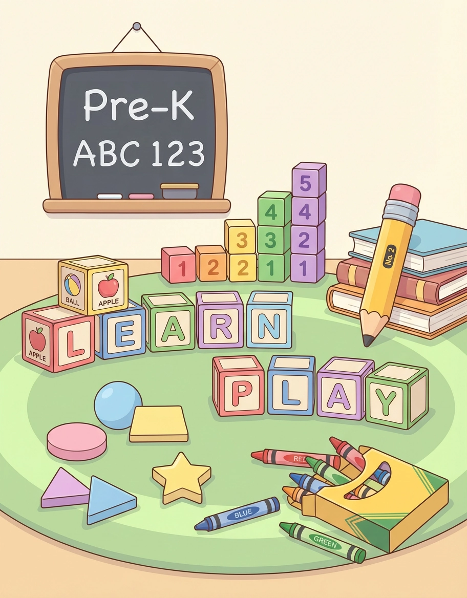 Pre-K educational illustration for LibForKids featuring a chalkboard with "ABC 123", colorful letter blocks spelling "LEARN" and "PLAY", number towers, crayons, and geometric shapes on a green rug.