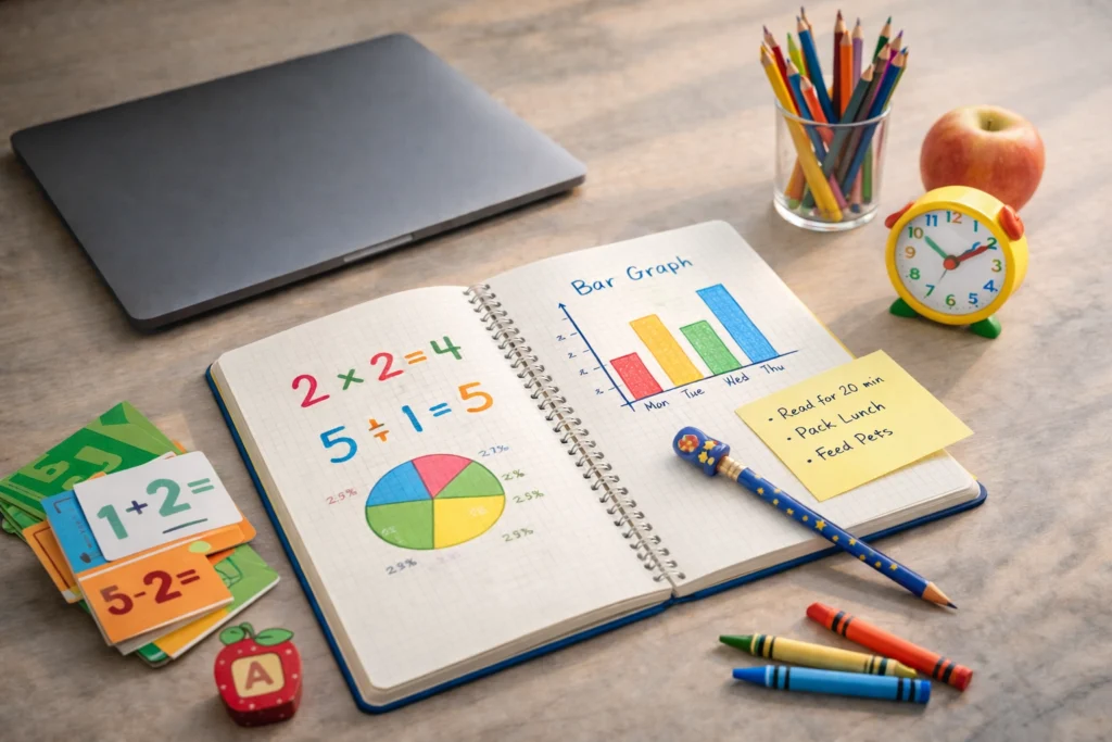 A focused 6th-grade student working on evidence-based writing and independent research worksheets, preparing for the transition to middle school success.