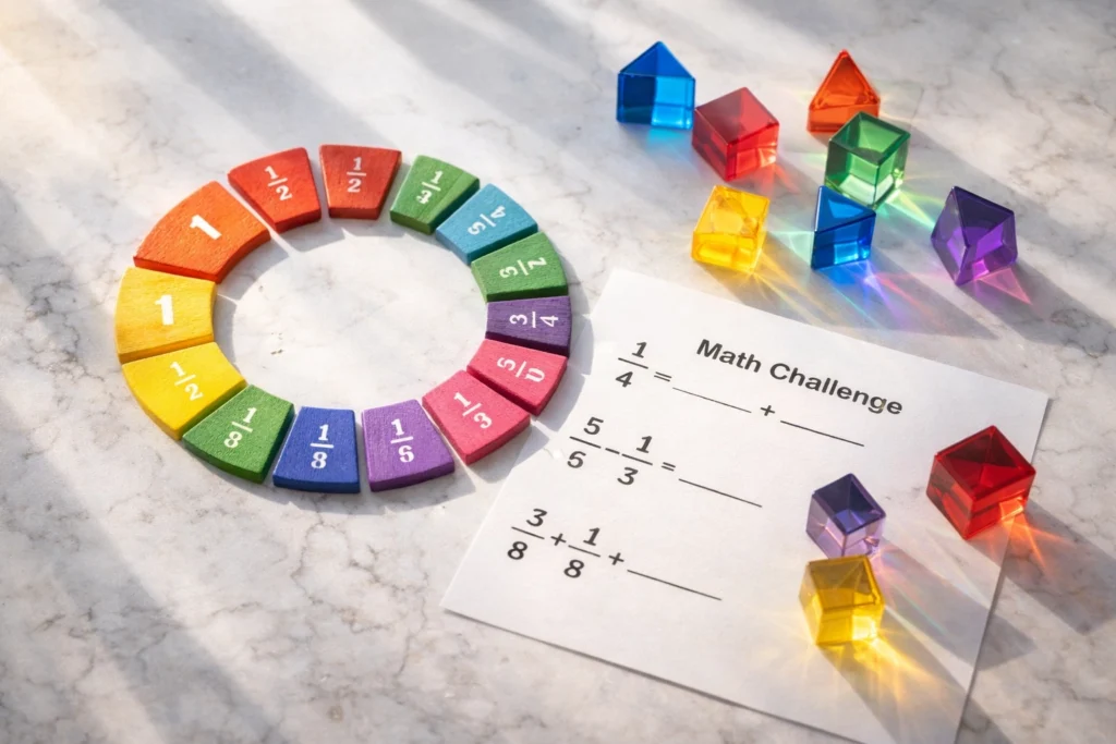 Educational math worksheets featuring visual learning models like number lines and geometric arrays to help students master fractions and multiplication through the CRA sequence.