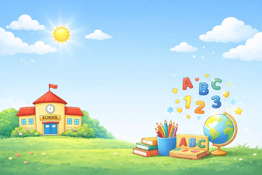 Children's learning illustration with school, books, globe, and alphabet letters on a bright educational background.